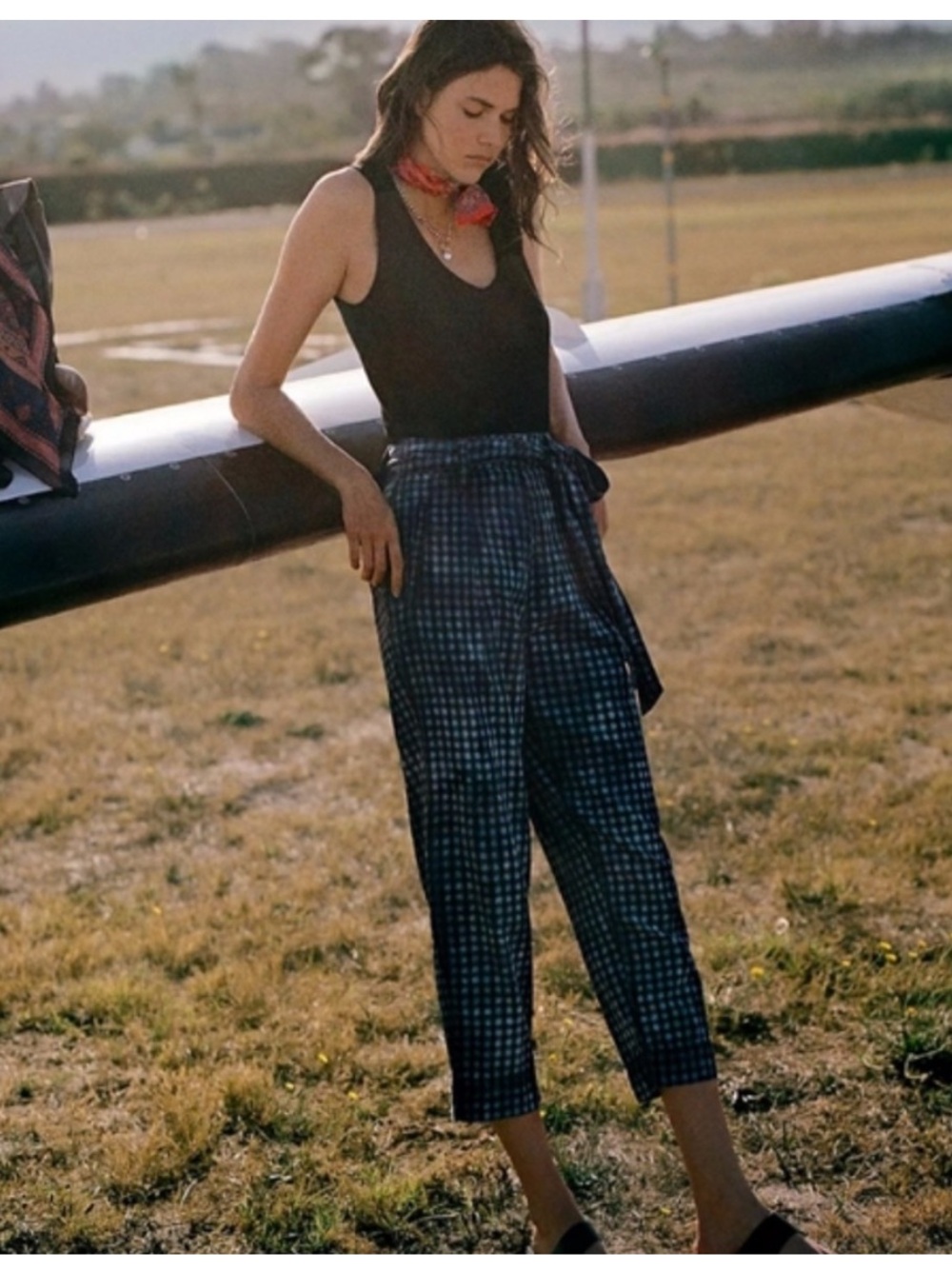 Anthropologie Maeve Avryl Bleach Slim Chino Blue and Black Check Pants, Size 2